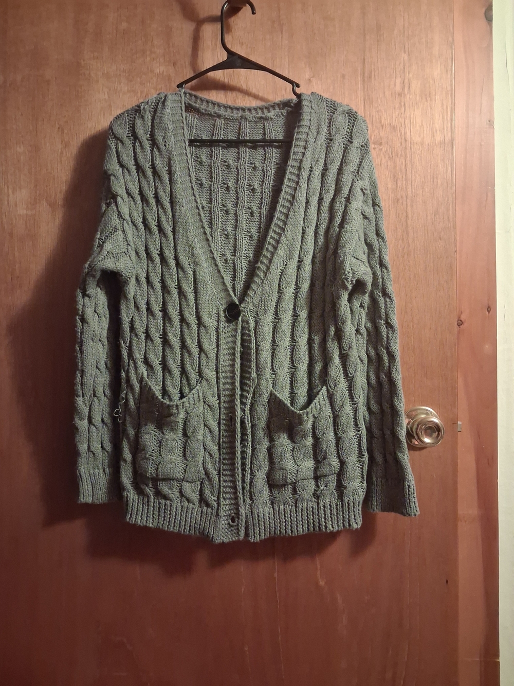 Very Soft  Cable Knit V-Neck Cardigan Sweater - Sage Green/gray